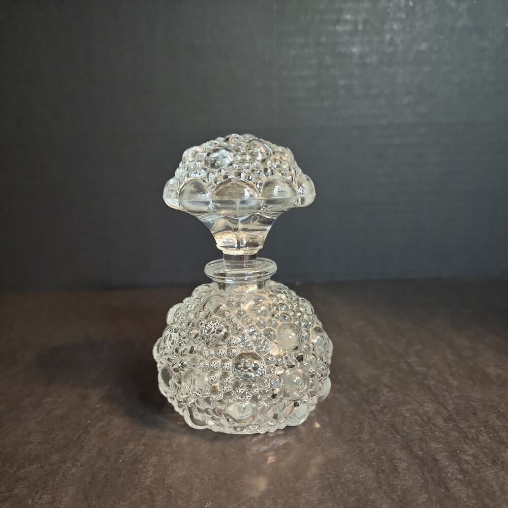 Vtg Clear Glass Perfume 5" Bottle Bubbles or Hobnail Mushroom Stopper